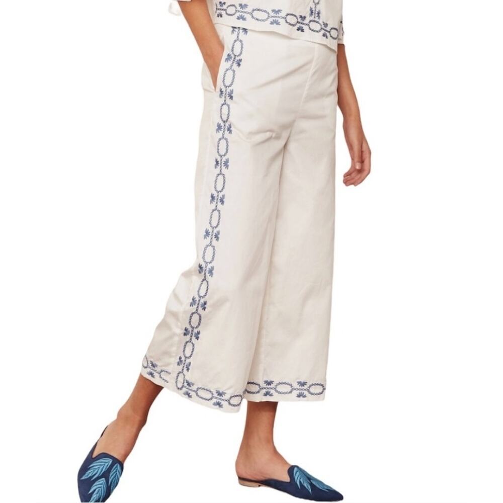 Foxiedox Cropped Wide Leg Pants Embroidered Spellgirl White Blue Medium New